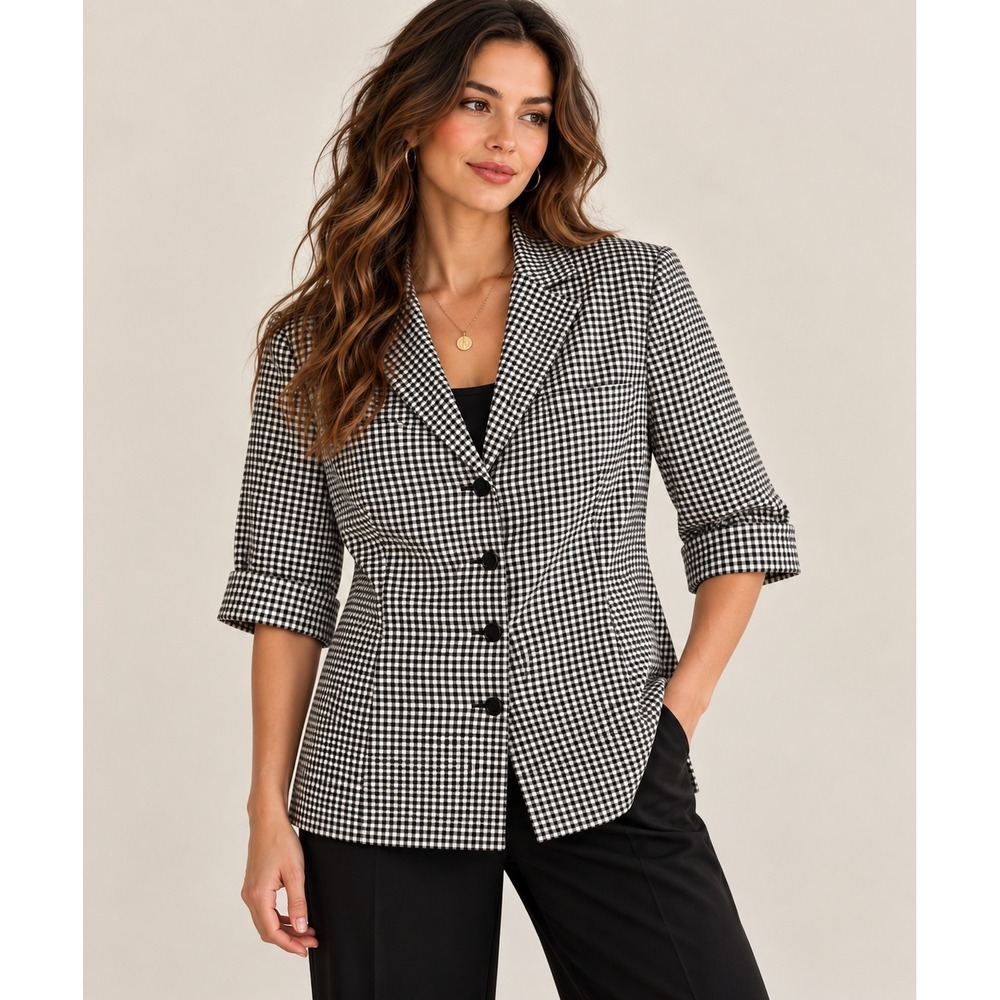 Preppy Academia Black White Gingham Silk Blazer Le Suit Size 16 1X